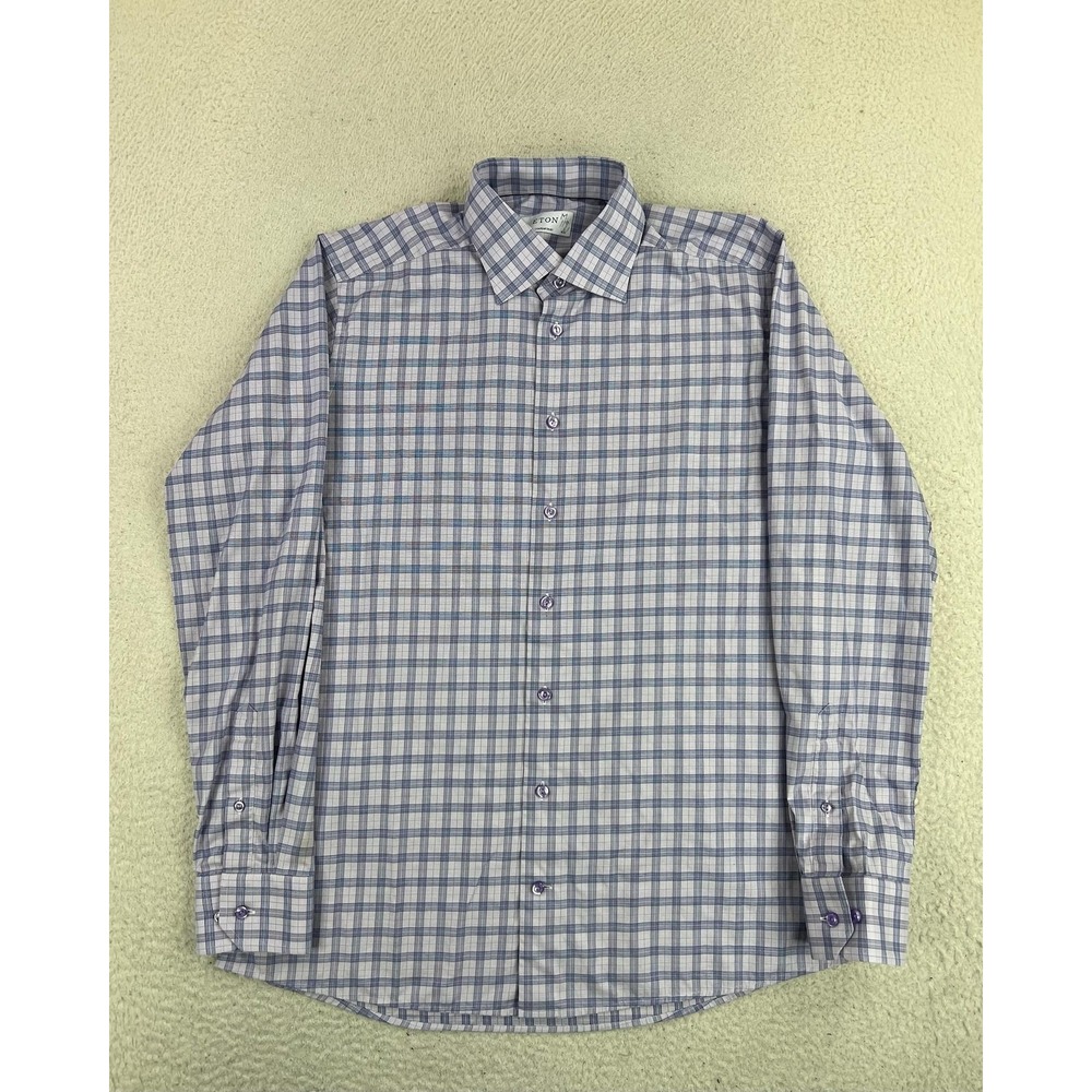 Eton Dress Shirt Mens 16.5 42 34/35 Purple Check Contemporary Stretch LS